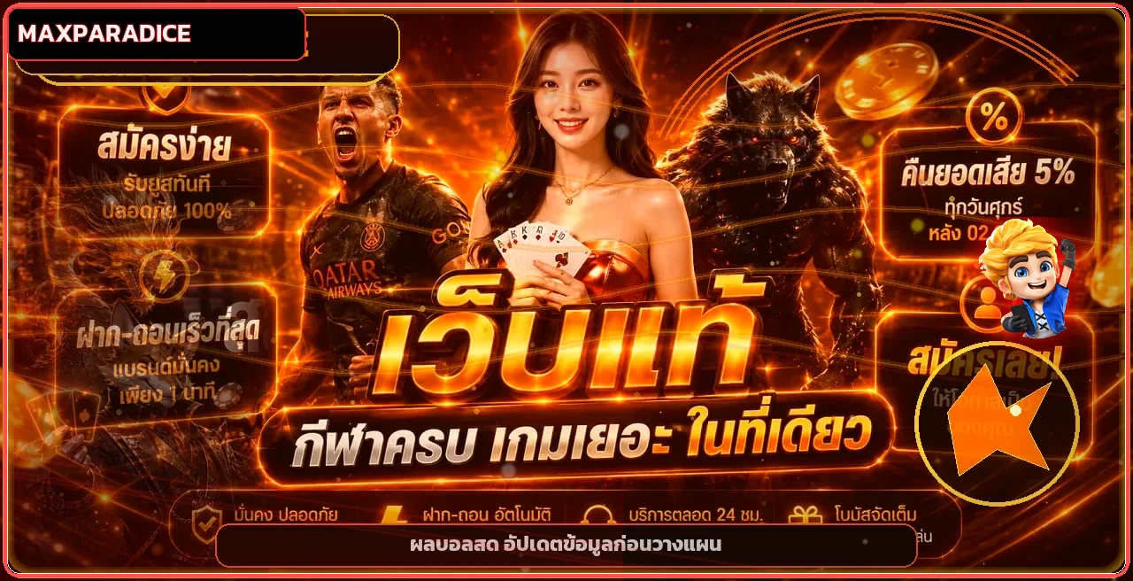 แบนเนอร์ Maxparadice ผลบอลสดพร้อมตัวละคร PG Soft
